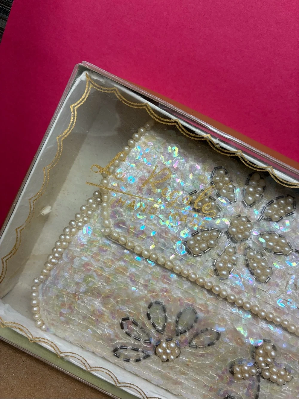 La Regale Pearl & Sequin Ivory Floral Clutch